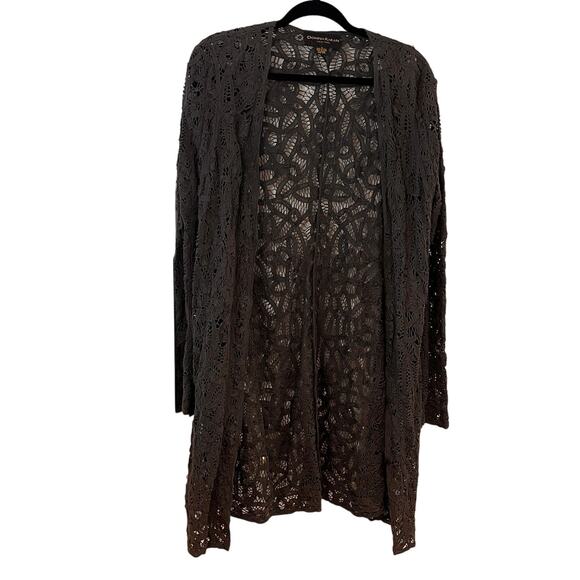 Donna Karan Black Lace Pattern V-Neck Cardigan Sweater Size 8 - Picture 1 of 6